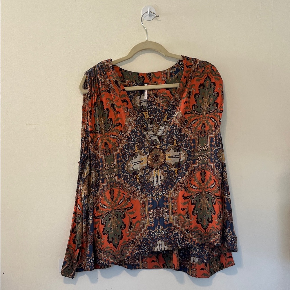 Free People Orange and Blue Patterned Blouse